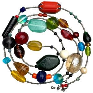 Artisan Multi Color Glass Bead Necklace Chunky Tribal Ethnic Boho Statement